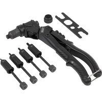 Black Sealey 2 in 1 Swivel Head Riveter with ergonomic handles, multiple nozzles, and a wrench accessory.