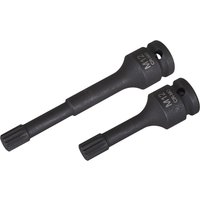 Black Sealey 2-piece spline socket bit set with M12 drive, designed for VAG vehicles, featuring a robust steel finish.