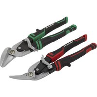 Sealey 2 Piece High Leverage Offset Aviation Tin Snip Set with red and green ergonomic handles and sharp metal blades.