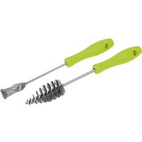 Sealey 2 Piece Injector Bore Cleaning Brush Set with green handles and twisted metal bristles.