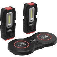 Sealey 2-piece inspection light set, black with red accents, includes wireless charging base with dual charging pads.