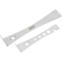Sealey 2 Piece Trim Pry Bar Set, silver metal with flat ends and cut-out holes for multifunctional use.