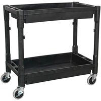 Black Sealey 2 Shelf Heavy Duty Composite Trolley with sturdy frame, two deep shelves, and four swivel caster wheels.