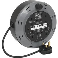 Black and grey Sealey 2 Socket Cable Reel Cassette 240v with UK plug and retractable cord.