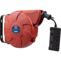 Red Sealey wall mount cable reel with two black sockets, retractable cord, and mounting bracket.