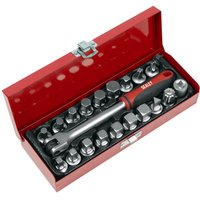 Red Sealey 20 Piece 3/8" Drive Oil Drain Plug Key Set in metal case with various hexagonal key attachments.