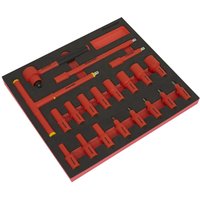 Red Sealey 20 piece VDE insulated socket set in black module tray, featuring various sockets and drive tools.