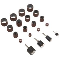 Sealey 20 Piece Spiral Band Drum Sanding Kit with various sized brown sanding bands and black drum mandrels.
