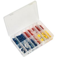 Clear plastic box with assorted blue, red, and yellow crimp terminals in separate compartments.