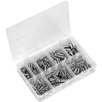 Clear plastic box with assorted silver clevis pins in various sizes, organized in compartments.