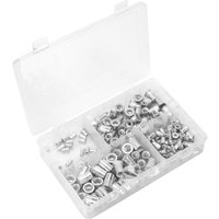 Clear plastic box with assorted silver splined threaded insert rivet nuts, organized in compartments.