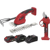 Red and black Sealey cordless garden tool kit with hedge trimmer, pruner, two batteries, and charger.