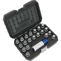 Black Sealey case with 21-piece locking wheel nut key set for BMW and Mini, includes silver keys and blue socket.
