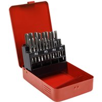 Red metal case with Sealey 21 Piece Metric Tap Set, featuring labeled taps M3 to M6 in a black holder.
