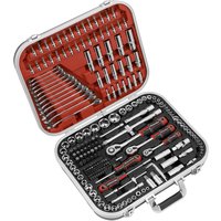 Sealey 216 piece tool set with sockets, spanners, and bits in a red and silver hard case.