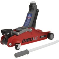Red Sealey 2180LE low profile trolley jack with 180-degree handle, black wheels, and gray lifting arm.