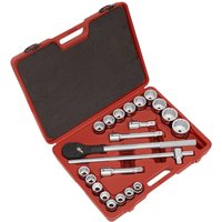 Red Sealey socket set with 22 bi-hexagon sockets, ratchet, and extensions in a molded case.