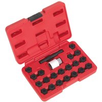 Red Sealey 22 piece locking wheel nut key set for Audi, includes black keys in a red plastic case with molded slots.