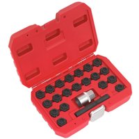 Red Sealey case with 22 black locking wheel nut keys and a silver adapter for BMW vehicles.