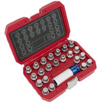 Red Sealey 23 piece locking wheel nut key set for VAG, includes various silver keys in a molded case with blue socket.