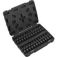 Black Sealey 24 piece socket bit set with hex, Torx, and spline bits in a sturdy open case.