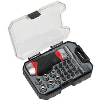Sealey 24 Piece Stubby Ratchet Screwdriver Set in black case with red and black handle, various bits and sockets.