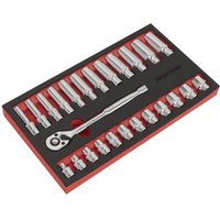 Sealey 25-piece ratchet wrench and socket set in black and red case, featuring chrome sockets and a 3/8" drive wrench.
