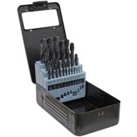 Sealey 25 Piece HSS Drill Bit Set in a black metal case with organized rows of various sized silver drill bits.