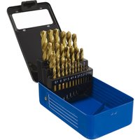 Blue metal case with 25 gold titanium-coated drill bits in various sizes, organized in a black holder.