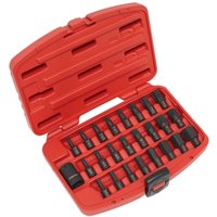 Red Sealey 25-piece impact socket bit set in a red case, featuring Torx, Hex, and Spline bits neatly organized.