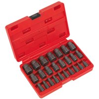 Red Sealey case with 25 multi spline screw extractors, neatly arranged in rows, black finish.