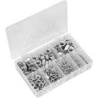 Clear plastic box with assorted steel metric nuts in various sizes and compartments.