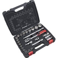 Sealey 26 Piece 1/2" Drive Socket Set in black case with chrome sockets, ratchet, and red-handled accessories.