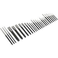 Sealey 26 Piece Punch and Chisel Set with black handles and silver tips, arranged in a line.