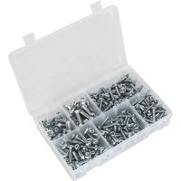 Clear plastic box with 264 assorted silver countersunk and pan head machine screws in separate compartments.