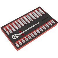 "Sealey 27 piece socket set with chrome sockets and ratchet in red and black foam module"