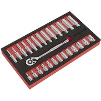 Sealey 27 Piece 1/4" Drive Socket Set in black foam module with chrome sockets and ratchet handle.
