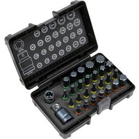 Sealey 28 Piece Impact Socket Bit Set in black case with labeled slots and various colored socket bits.