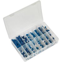 Clear plastic box with assorted blue crimp terminals in various compartments, Sealey 280 Piece set.