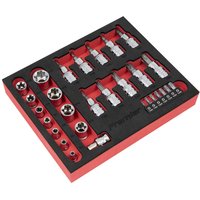 Red and black Sealey 29-piece Torx socket and security bit set with organized slots in a compact case.