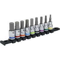 Sealey 3/8" drive hexagon socket bit set with color-coded bands on a black rail, featuring nine bits.