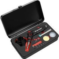 Black and red Sealey 3 in 1 butane soldering iron kit in a black case with accessories and spare tips.