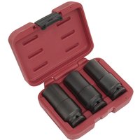 Red Sealey case with three black 1/2" drive weighted impact sockets neatly arranged inside.