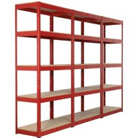 Red Sealey 3-piece racking unit with 5 shelves, 350kg capacity per level, sturdy metal frame, and particle board shelves.