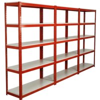 Red Sealey 3-piece racking unit with 5 shelves each, metal frame, and 500kg capacity per level.