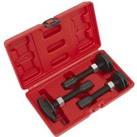 Red Sealey 3 Piece Axle Bearing Puller Set in a molded case with black pullers and silver accents.