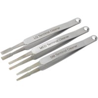 Sealey 3 Piece Diamond Grip Terminal Cleaner Set with silver handles and engraved labels for different terminal sizes.