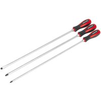Sealey 3-piece screwdriver set with extra long metal shafts and red-black ergonomic handles.