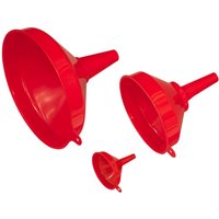 Red Sealey 3 Piece Fixed Spout Funnel Set with varying sizes and wide openings for easy pouring.