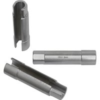 Sealey 3 Piece Glow Plug Socket Set, silver metal, cylindrical design with hexagonal ends and side openings.